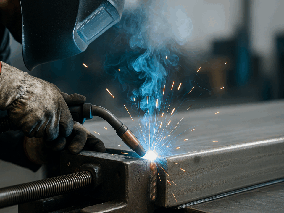 Qualità saldature carpenteria metallica - Saldatore professionista Dimec durante lavorazione certificata in Friuli Venezia Giulia